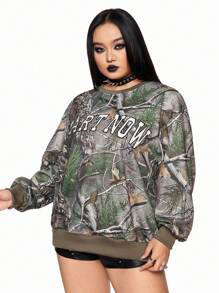 ROMWE Grunge Punk Casual Streetwear Withered Branch Print Colorblock Letter Embroidered Loose Sweatshirt, Plus Size