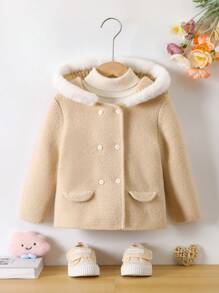少女双排扣毛领连帽开衫，适合秋冬季 - 卡其色 - 查看 1