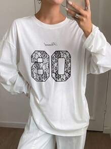 DAZY 女士休闲圆领字母印花针织T恤，秋季超大码T恤，图案T恤 - 白色 - 查看 5