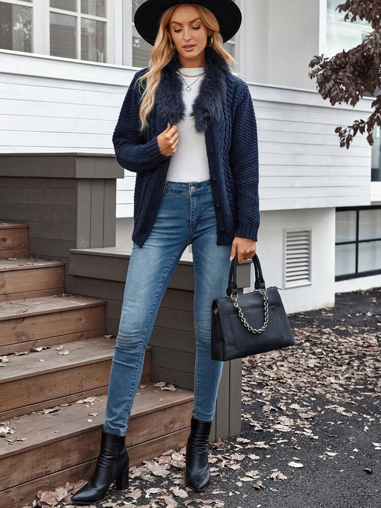 Women's Casual Solid Color Fluffy Collar Long Sleeve Knit Cardigan, Autumn/Winter