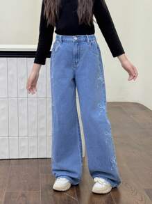 Tween Girl Casual Fashion Ripped Bowknot Embroidered Washed Straight Leg Jeans,Holiday,Summer,Travel, School, Campus, College - Medium Wash - View 3