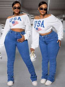 SHEIN SXY Plus Size Women Pleated Pocket Skinny Casual Denim Jeans - Light Wash - View 3