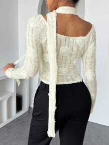 Chiquease Elegante top a collo alto bianco a maniche lunghe con decorazioni floreali 3D per donna, vestibilità slim, adatto per primavera e autunno - Albicocca - Visualizzare 2