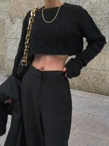 DAZY Women's Solid Color Casual Cropped Loose Fit Long Sleeve Sweater For Autumn/Winter - Black - View 8