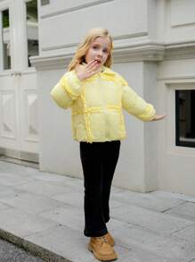 SHEIN 女孩黑色时尚短款镂空厚棉衣 - 玫紅色 - 查看 5