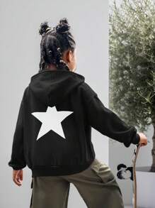 SHEIN Tween 女童星星印花连帽休闲长袖运动衫，秋冬款 - 黑色 - 查看 9