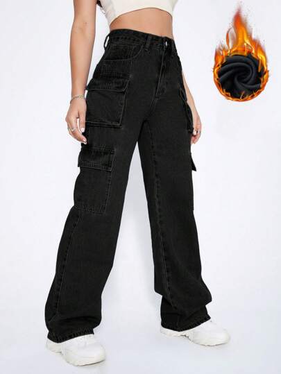SHEIN ICON Pantalones vaqueros negros con pretina alta, bolsillo con solapa, tela cepillada y reforzados, estilo Y2k