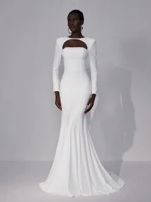 Elitara Elegant White Tube Long Flare Sleeve Round Neck Backless Rhinestone Decor Mermaid Wedding Dress, Bridal Dress,Bride