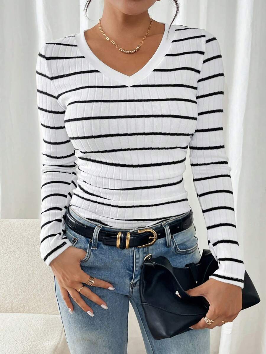 SHEIN Frenchy V-Neck Striped Pattern Casual Long Sleeve T-Shirt Winter Spring - Black and White - View 1