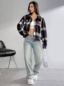 SHEIN EZwear 女式格纹落肩长袖短款休闲夹克，秋冬 - 棕色 - 查看 6