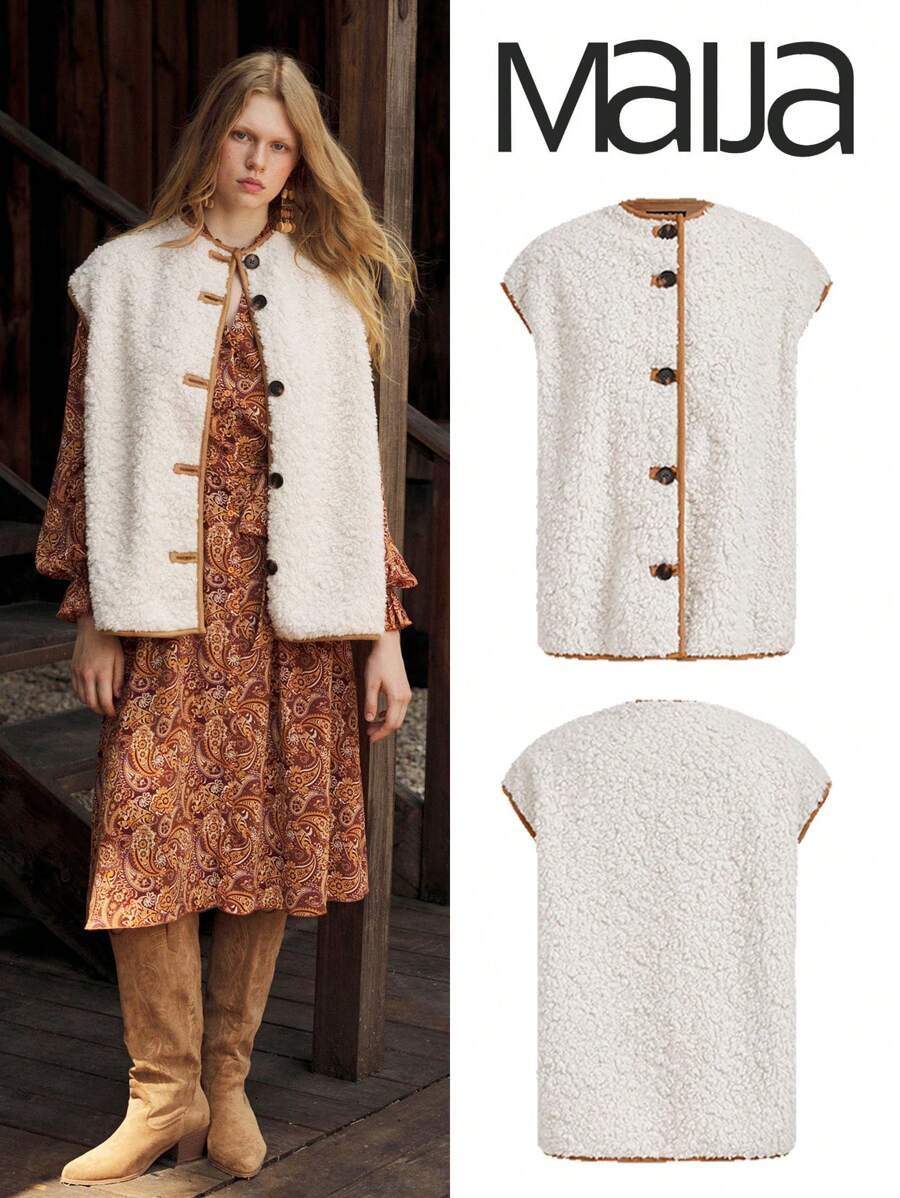 Maija Women's Plain Single-Breasted Loose Fit Faux Shearling Jacket, Autumn/Winter