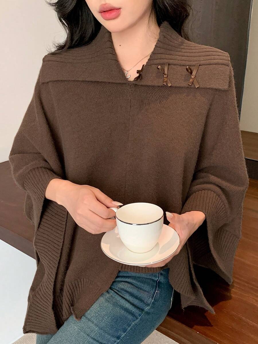 DAZY Women's Solid Color Asymmetrical Neck Bow Decor Knitted Cape Sweater,Fall Clothes Long Sleeve - Coffee Brown - View 1