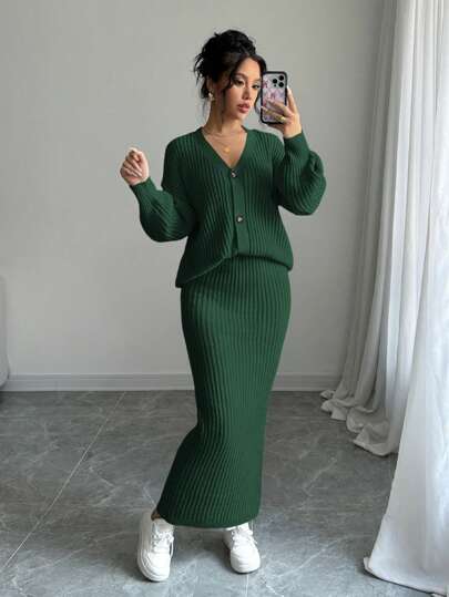 Selianne 2pcs/Set Women Casual Solid Color Cardigan & Skirt, Autumn/Winter Fall Cloth For Women
