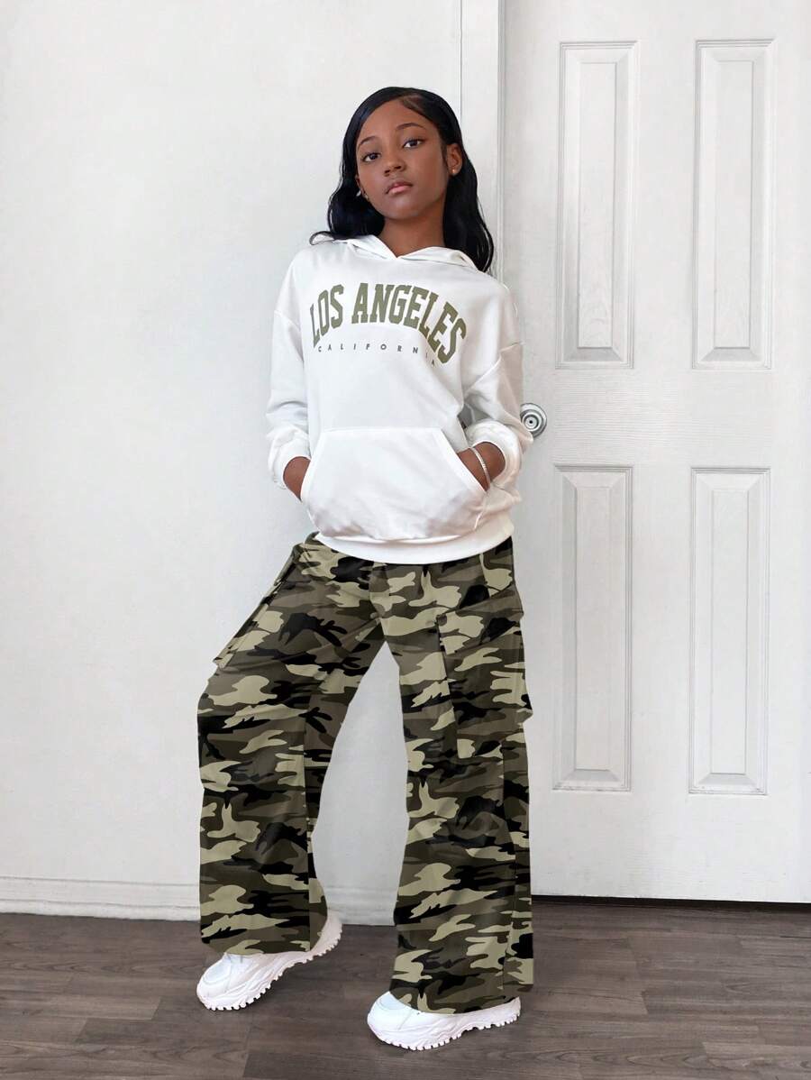 2pcs Tween Girl Letter Pattern Hooded Pouch Sweatshirt & Camouflage Jogger Pants Set, Casual - Army Green - View 1