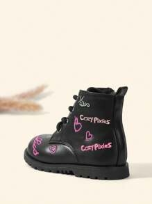 Cozy Pixies Baby Girls Heart & Letter Thêu Side Zip Breathable Lace Up Combat Boots For Outdoor - màu đen - Xem 9