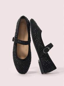 CUCCOO DOLLMOD Women's Fashion Black Mary Jane Rhinestoned Flats, Commuting, Dating, Party, Holiday, Campus, Sweet For And Vibe And Spring Shoes Spring Break Easter For Christmas Spring Shoes - Black - View 9