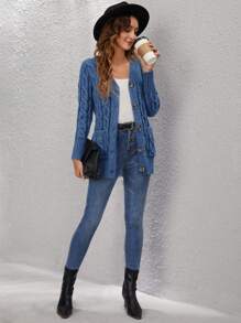 SHEIN LUNE Women's Solid Color Long Sleeve Single-Breasted Pocket Loose Casual Cardigan Sweater, Autumn/Winter