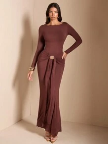 SHEIN BAE Vestido maxi de color marrón sólido/café con cuello redondo, manga larga, fruncido, ajustado y con cola de pez, adecuado para fiesta de cóctel, cita romántica, vestido de otoño/invierno para capas, fiesta, dama de honor de boda, noche, Halloween, Navidad - Marrón - Ver 6