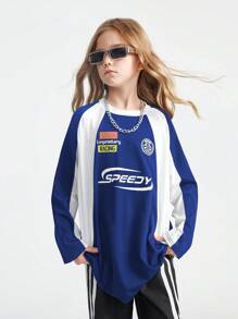 SHEIN Tween Girls Outono Preppy Streetwear Sportswear Blockcore Futebol Camiseta Grande Para Volta Às Aulas