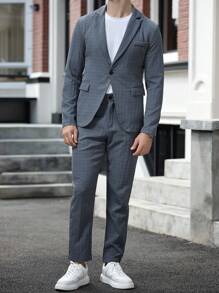 Manfinity Mode Men's Solid Color Single-Breasted Long Sleeve Suit Jacket And Pocket Suit Pants Business Suit Set - Grey - View 3