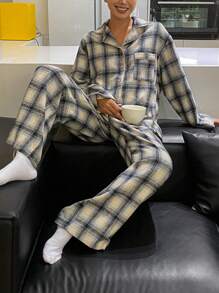 Livesso Women Distressed Collar Long Sleeve Plaid Print Loose Pajama Set