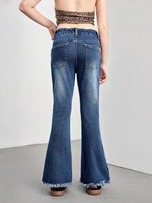Jeans flare desgastado bordado com estampa de leopardo e lavagem escura para meninas