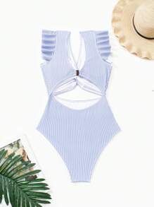 Swim Vcay Summer Beach Women Striped Print Twist Cutout Front One-Piece Swimsuit - Blue and White - View 3