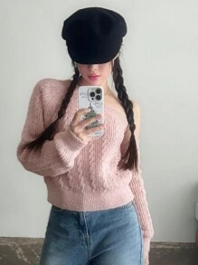 DAZY 1件女款大尺寸斜肩寬鬆羅紋針織毛衣，秋季校園穿搭服飾 - 粉色 - 查看 6