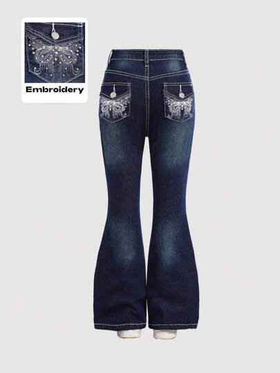 SHEIN Girlism Tween Flickmode Y2K Låg midja Vintage Strassfjäril Broderad Denim Flare Ben Jeans, Flickor Höst Vinter Kläder Back To School Outfits