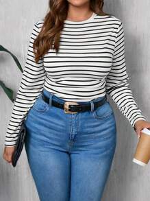 SHEIN LUNE Casual Minimalist Black And White Striped Plus Size Round Neck Printed Long Sleeve, Suitable For Autumn/Winter
