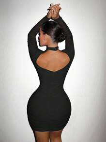 SHEIN SXY Women Sheer Mesh Crisscross Ruched Backless Bodycon Prom Dress - Black - View 2