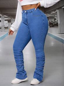 SHEIN SXY Plus Size Women Pleated Pocket Skinny Casual Denim Jeans - Light Wash - View 5