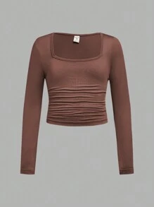 SHEIN Girlism Tween Girl 3pcs/Set Fitted Casual Simple Comfortable Solid Color Ruched Side Long T-Shirt, Fall Top - Brown - View 11