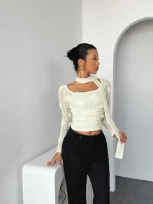 Chiquease Elegante top a collo alto bianco a maniche lunghe con decorazioni floreali 3D per donna, vestibilità slim, adatto per primavera e autunno - Albicocca - Visualizzare 7