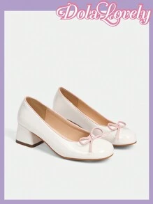 Dola Lovely Tacones gruesos con puntera redonda, escote bajo y decoración de lazo, elegantes tacones altos para mujer, novedad para Año Nuevo y San Valentín