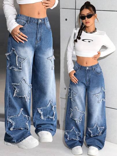 SHEIN 少女 Y2k 时尚休闲宽松阔腿牛仔裤，带星星拼接，阔腿裤，女孩秋季返校服装