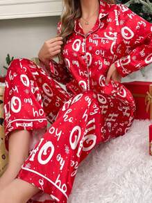 CoupledUp 圣诞节新奇英文文字雪花图案红色节日氛围仿丝绸睡衣套装，秋冬服装 - 紅色 - 查看 1