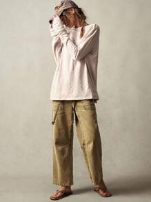 Bohemela 大码女式纯色船领落肩长袖休闲T恤 - 米色 - 查看 8