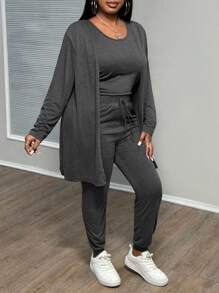 Slaydiva 3pcs/Set Plus Size Casual Elegant Fitted Vest + Pants + Jacket, Autumn/Winter - Dark Grey - View 4