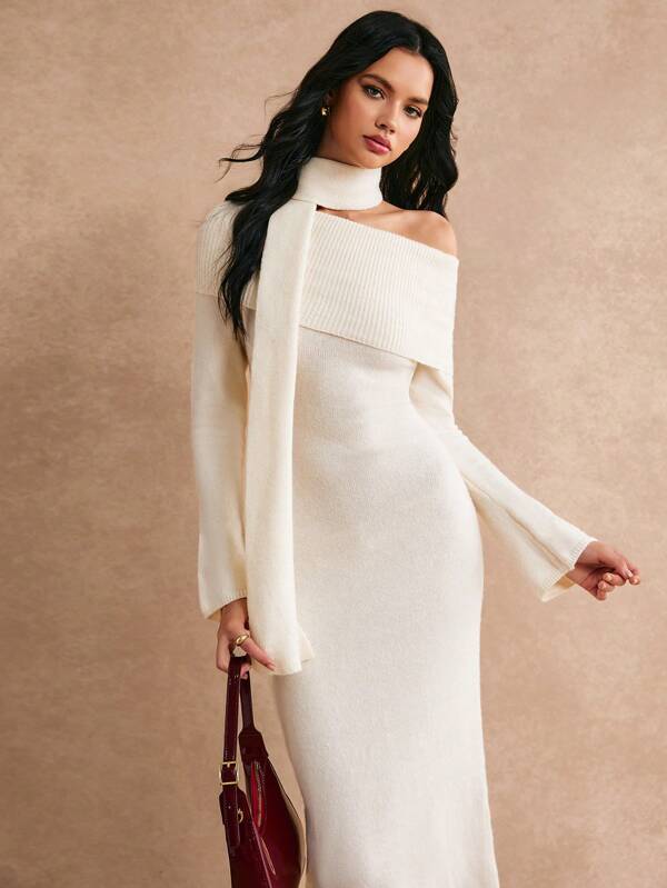 Poéselle Women Elegant Solid Color Foldover Asymmetric Neck Bell Sleeve Sweater Dress & Scarf 2pcs Set Off-Shoulder Sweater Dress Whit Muffler Warm White Christmas Sweater Christmas Outfits Women Sweaters Long Fur Dress Winter Women Dress Winter Women Clothes Valentine's Day Dress Winter Dress White Dress