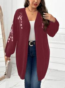 SHEIN Clasi 大码休闲花卉刺绣前开宽松开衫，适合秋冬季 - 酒紅色 - 查看 7