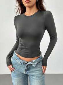 SHEIN PETITE 女士三件套圆领休闲紧身纯色长袖T恤套头衫套装适合春秋冬季