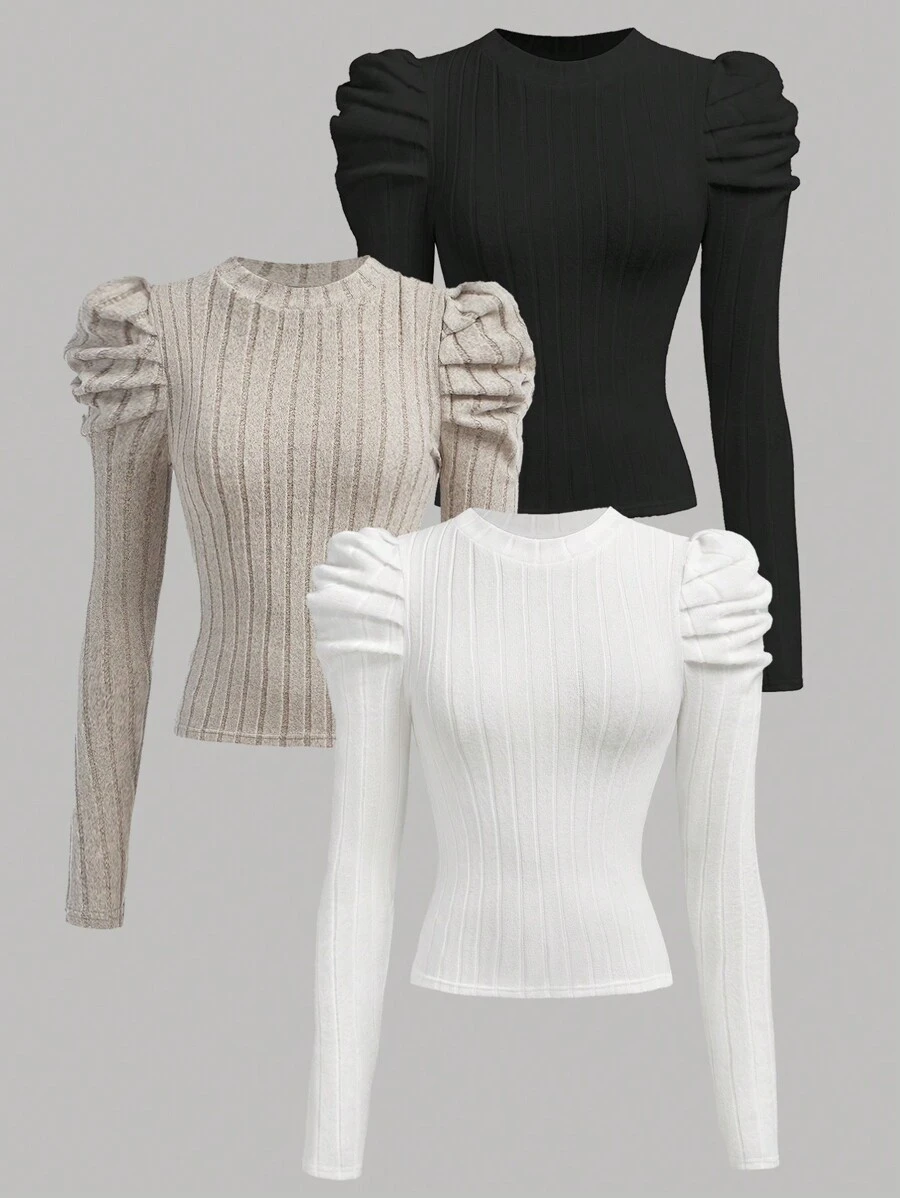 SHEIN Girlism Teen Girls 3pcs/Set Black, White & Beige Crew Neck Ribbed Texture Fitted Gigot Sleeve Graphic Tops, Elegant Vintage Style (Buy 1 Get 2 Free) - Multicolor - View 1