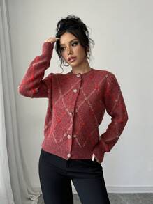 Chiquease 女士休闲菱形图案纽扣针织开衫 - 紅色 - 查看 5