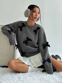 SHEIN Unity Damen Lässig Farbblock Schleife Dekor Strickpullover, Herbst/Winter, Langarm Oberteile, Herbst - Grau - Übersicht 3