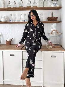 SweetSlumber Conjunto de pijama de verano de top y pantalones con estampado de gato y ribete en bloque de color, cómodo y casual para mujeres