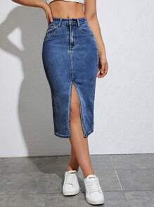 Solid Color High Slit Pocket Tight Denim Skirt