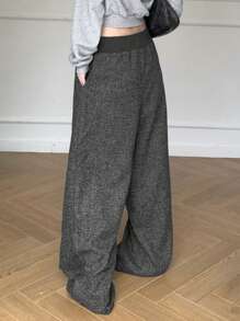 Livesso 女士休闲拼色腰带阔腿宽松裤，秋冬 - 灰色 - 查看 5