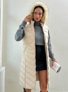 RueChic Fur Hoodie Zip Up Long Puffer Vest For Winter And Autumn - Beige - View 4