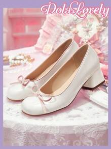Dola Lovely Tacones gruesos con puntera redonda, escote bajo y decoración de lazo, elegantes tacones altos para mujer, novedad para Año Nuevo y San Valentín